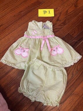 Green Gingham Baby Dress Set with Pink Appliqués